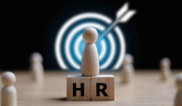 Hr, HRM, Human resources management concept. Wooden cube block print screen person. teamwork concept.