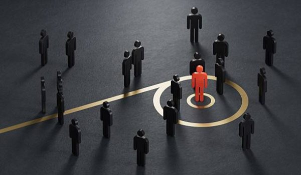 3D illustration of pawn over RED spiral printed. Customer Lifecycle Management concept.Marketing and communication concept.3D rendering on black background.